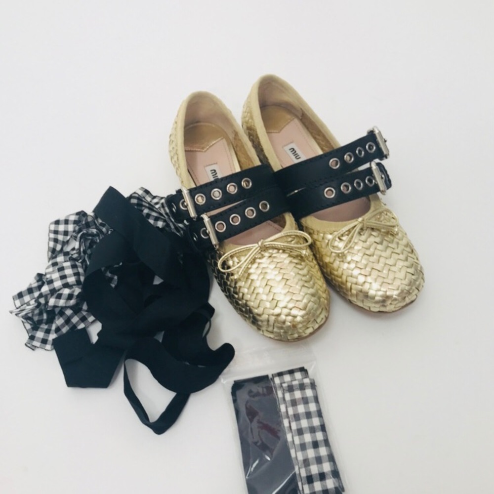 Miu miu woven leather ballet flats gold